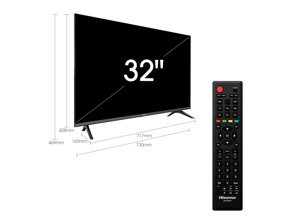 Un televisor Hisense de 32 pulgadas y su mando a distancia.