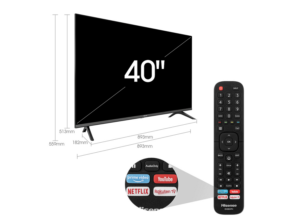 TV LED 40" - Hisense 40A5100F, Full-HD, MSD3666, DVB-T2, Modo Hotel, Negro