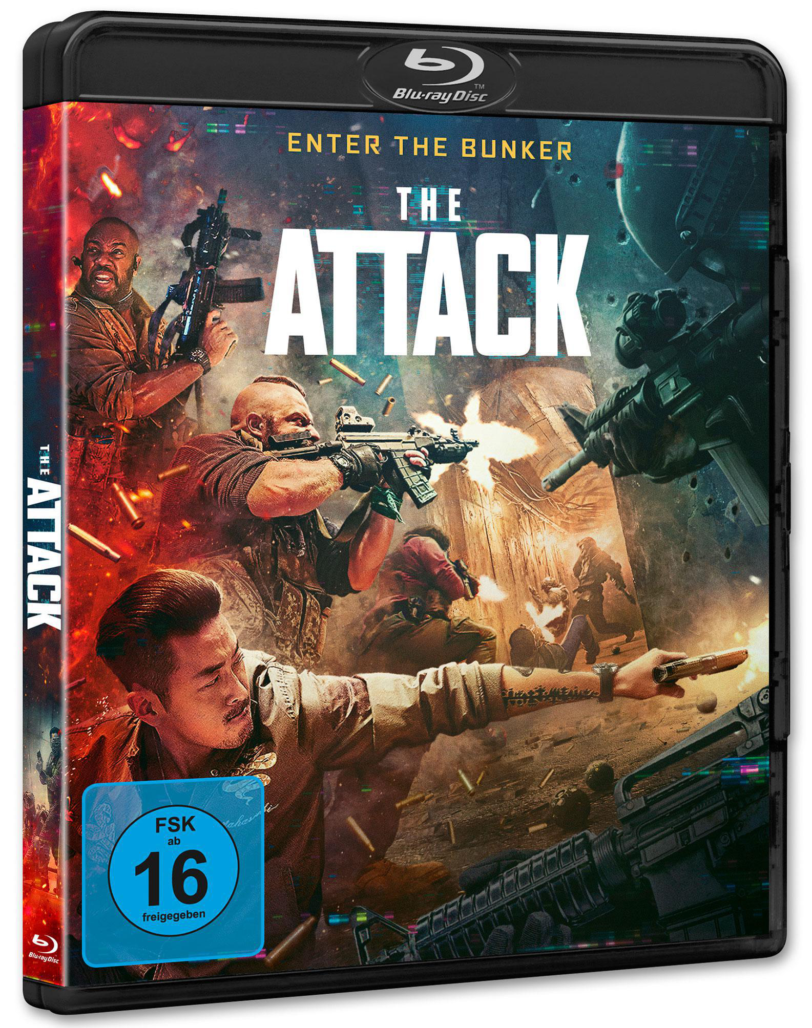 Blu-ray-Filmhülle mit einer Gruppe bewaffneter Personen in einem Bunker.