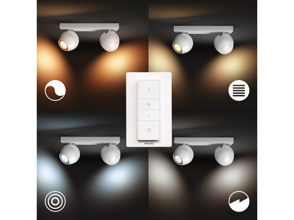 Foco - Philips Hue Buckram, 2 Focos, Inteligentes, Interior, Led, Luz blanca, Domótica, Blanco