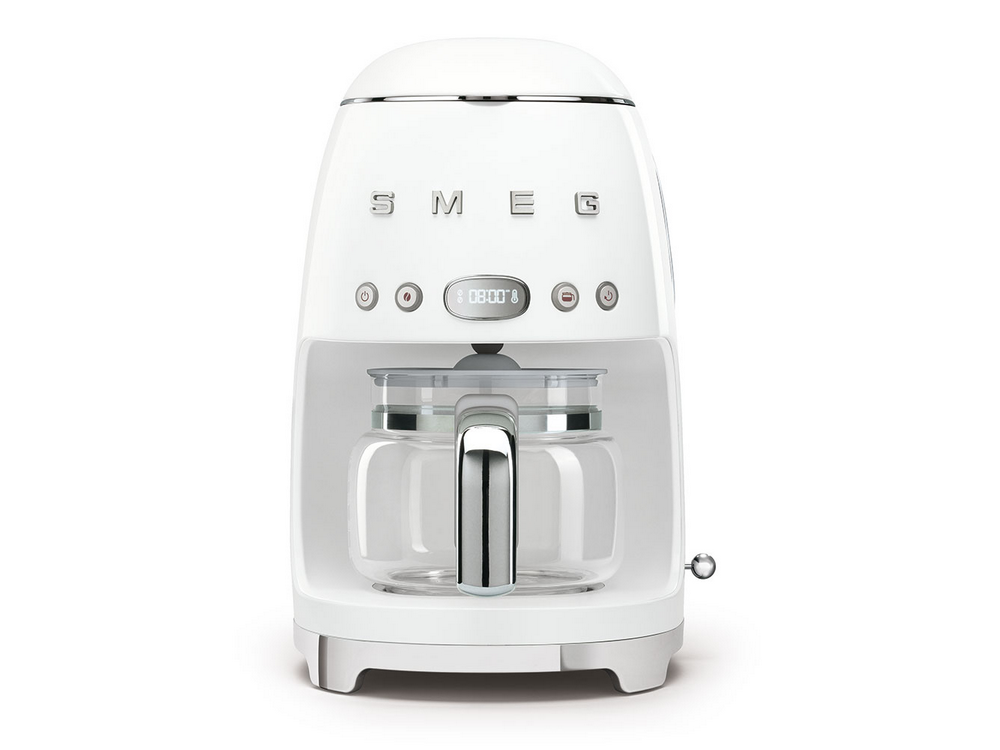 Cafetera de goteo - Smeg DCF02WHEU, 50's Style, 1050W, 10 tazas, 1.4 l, 8 funciones, Filtro permanente, Blanco