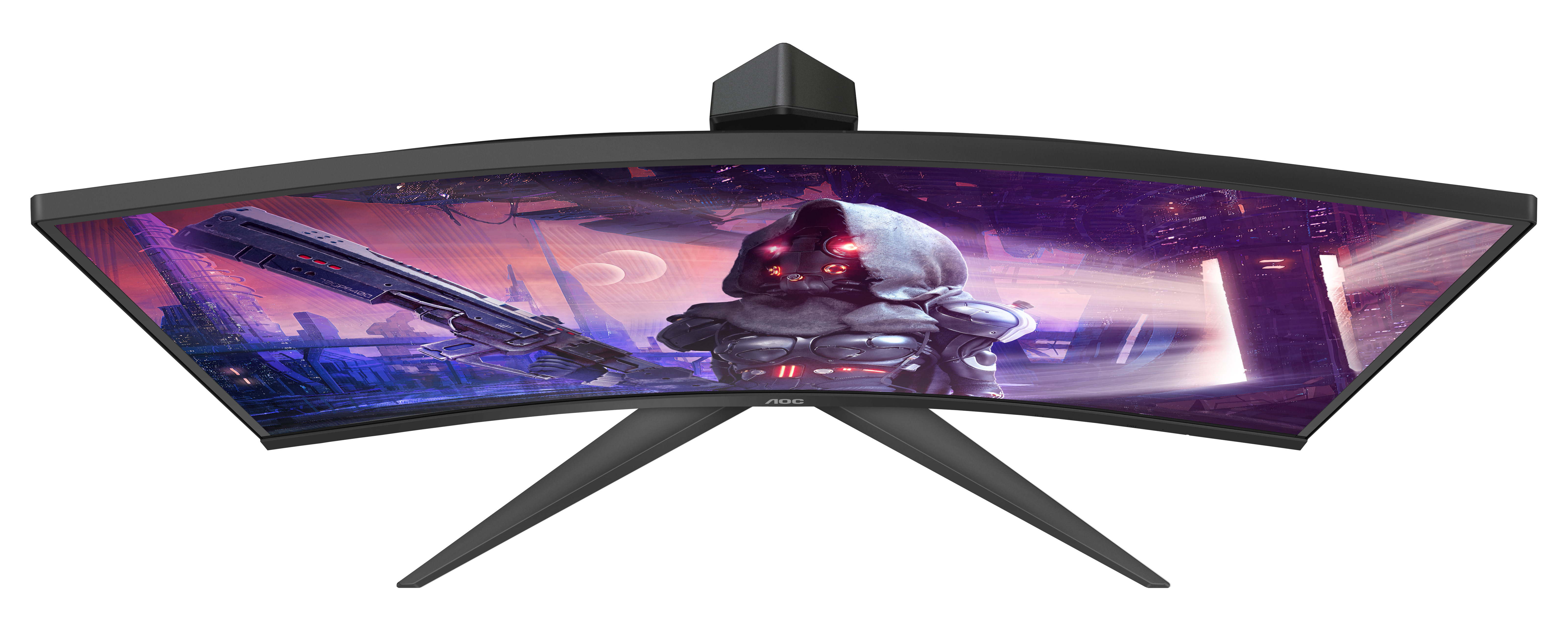 Gebogen monitor. Afbeelding toont een sci-fi scène, met aliens, een stadsgezicht en een futuristisch geweer.