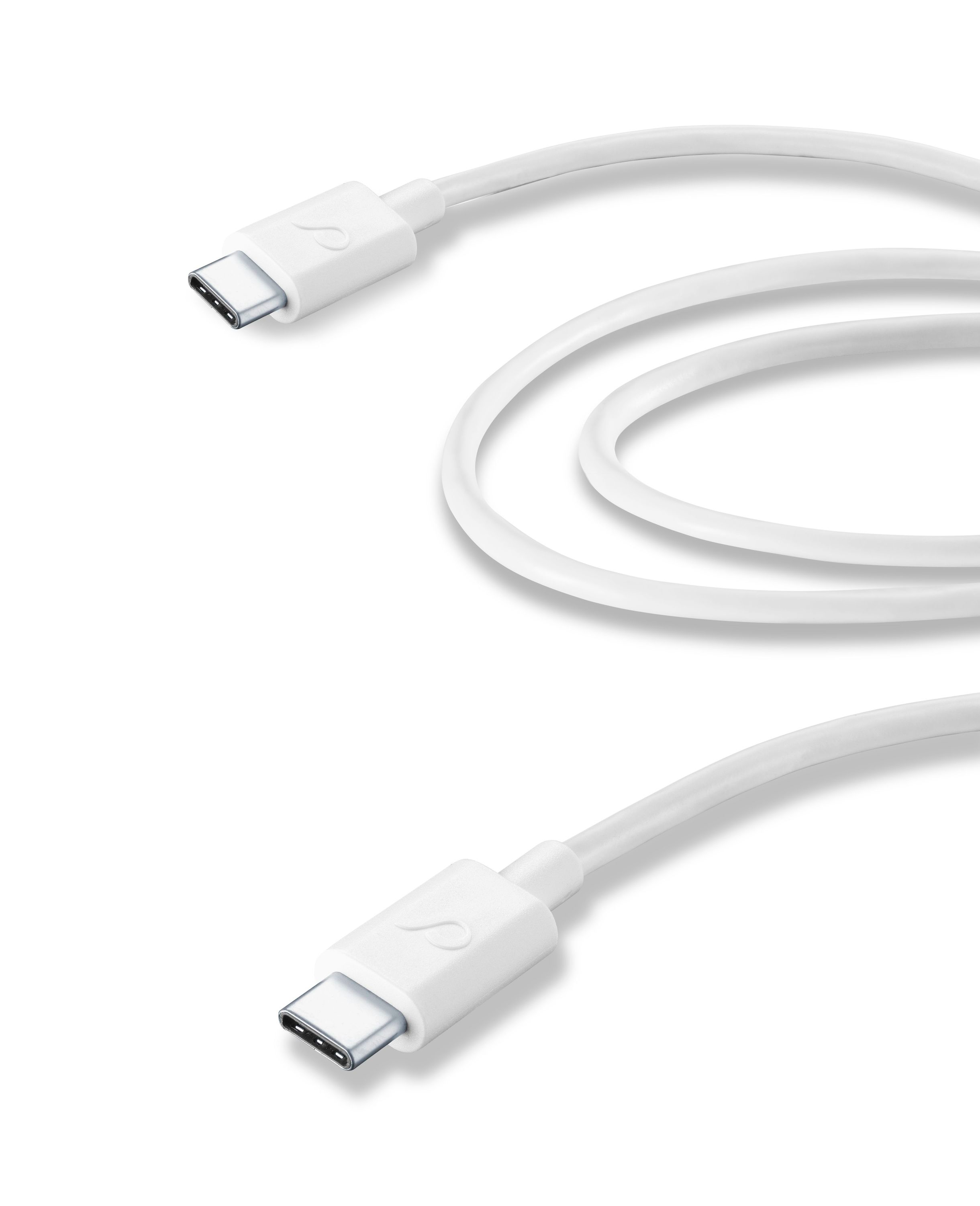 Siyah arka planda iki konektörlü beyaz USB-C kablosu.