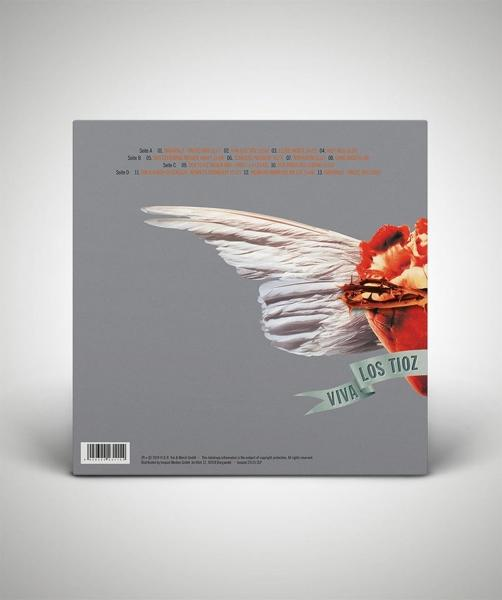 Rückseite einer Vinyl-Schallplattenhülle. Grauer Hintergrund, Herz mit Flügeln und Titelliste.