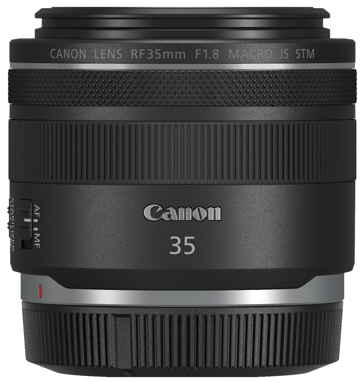 Ein Canon RF 35mm F1.8 Makroobjektiv. Es ist schwarz mit silbernen Akzenten und hat einen Fokusring.