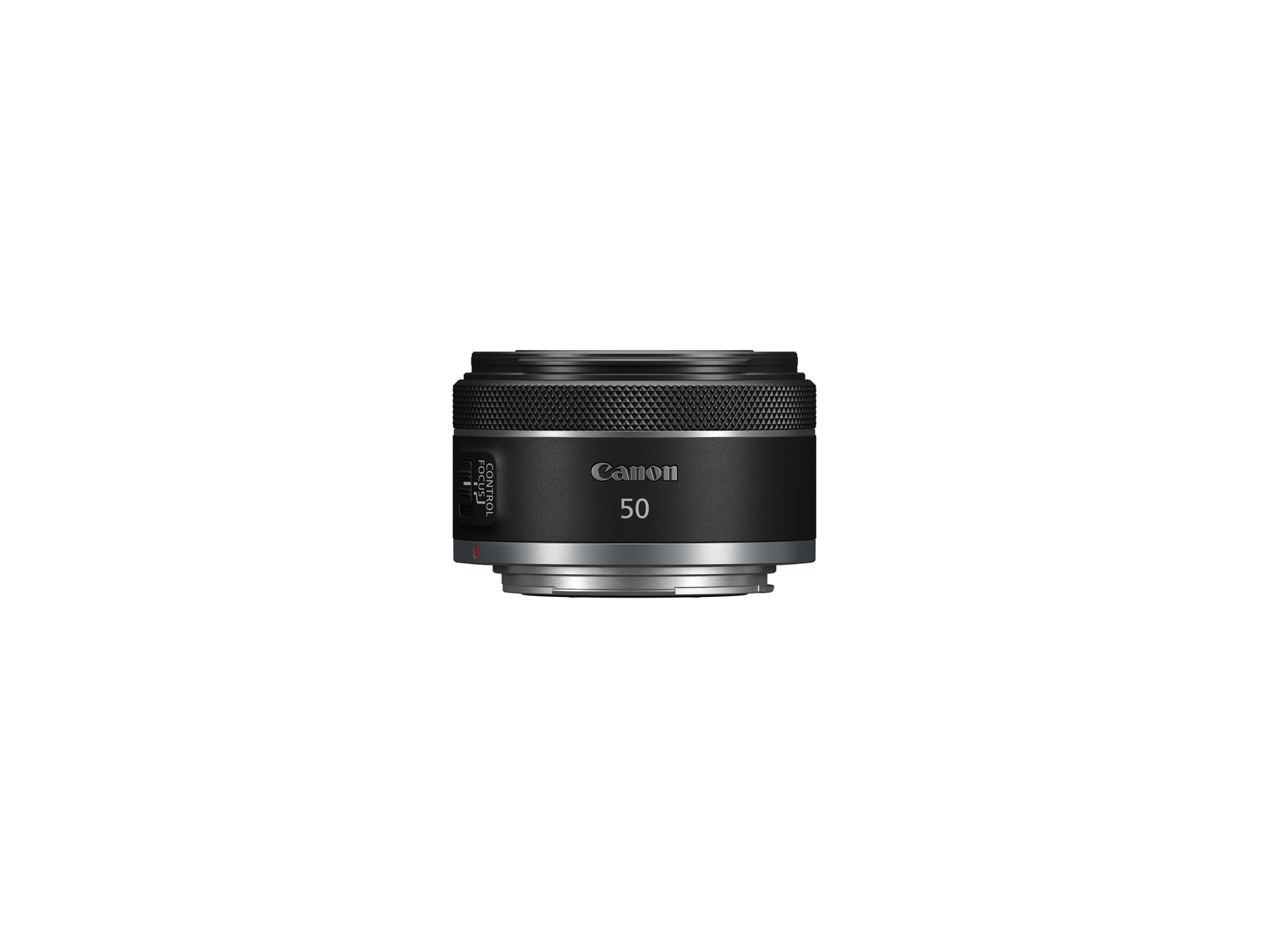 Ein Canon 50mm Kameraobjektiv, schwarz mit silbernen Akzenten, vor weißem Hintergrund.