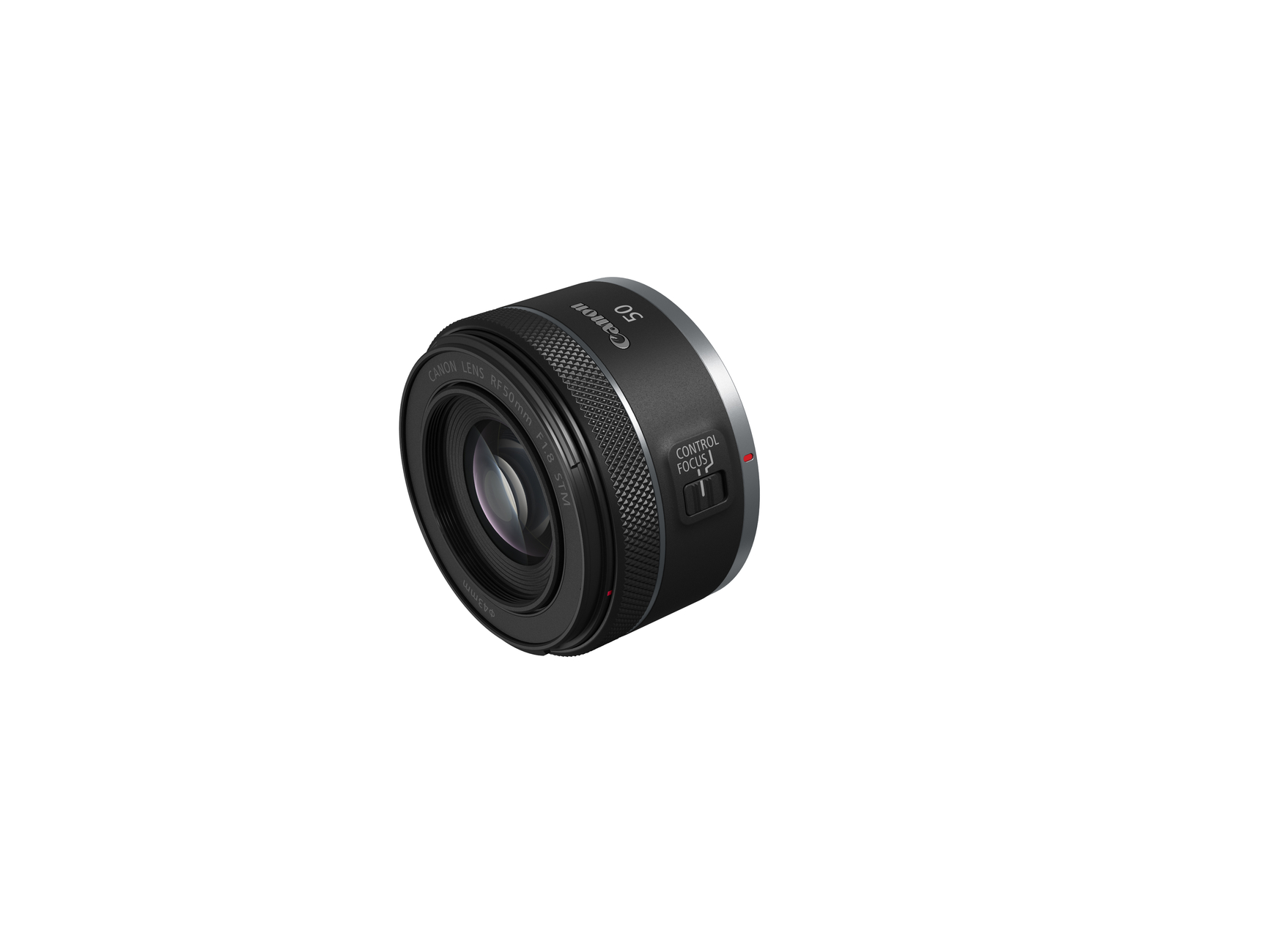Canon 50mm Kameraobjektiv, schwarz mit Fokusring, auf weißem Hintergrund.