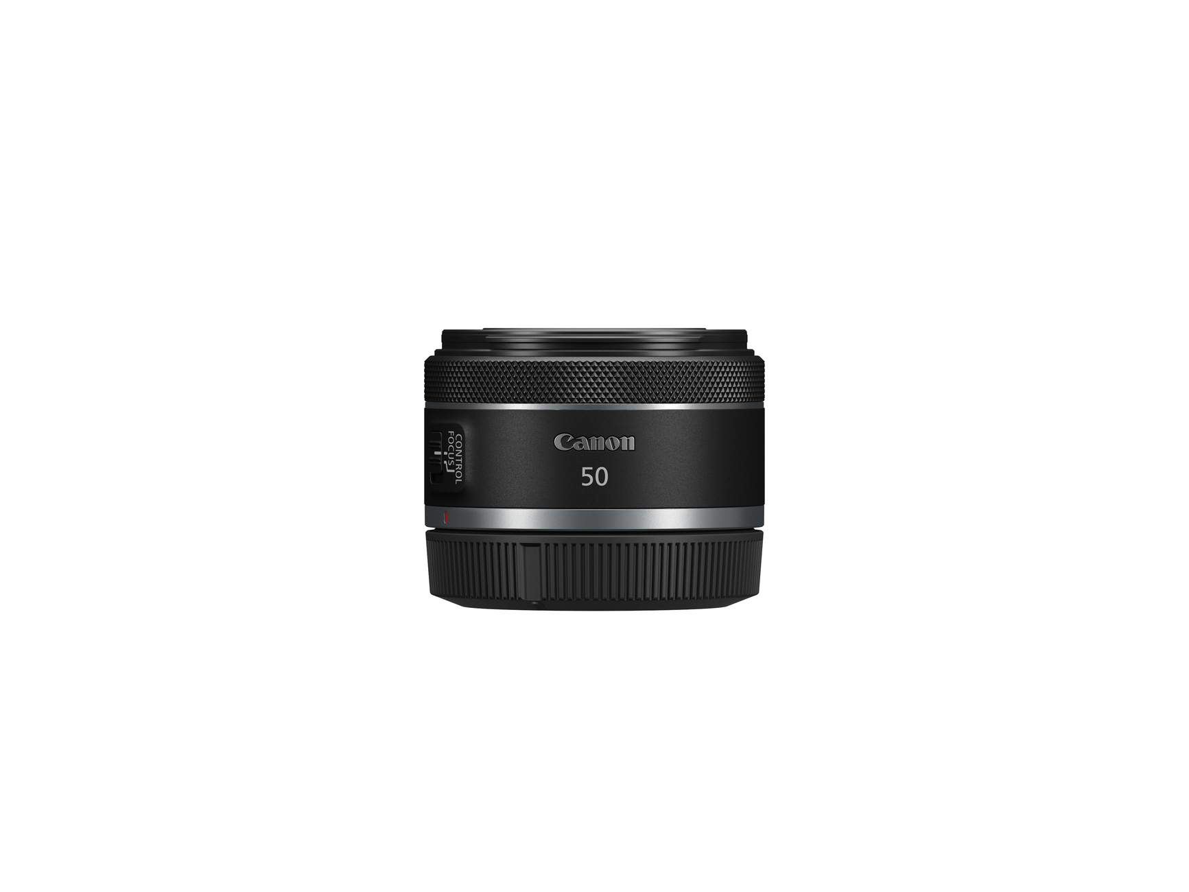 Ein schwarzes Canon 50mm Objektiv mit Fokusring und Canon-Branding auf weißem Hintergrund.