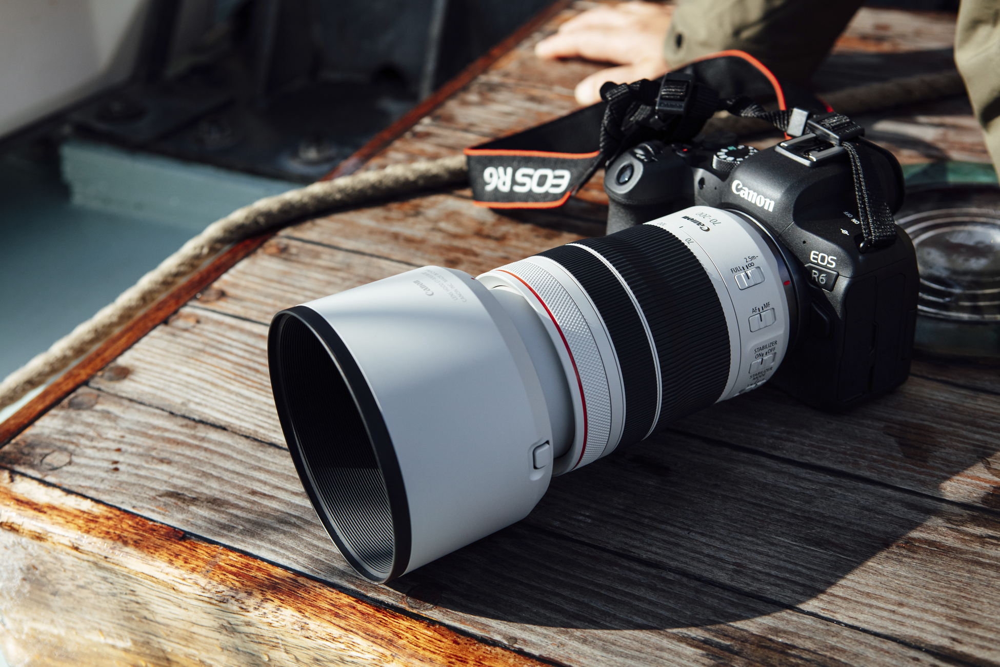Eine Canon R6 Kamera mit Objektiv auf Holzoberfläche.