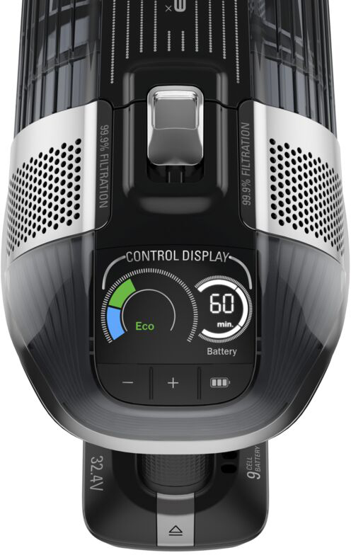 Een zwart-zilveren draadloze stofzuiger, met een controle display en batterij details.