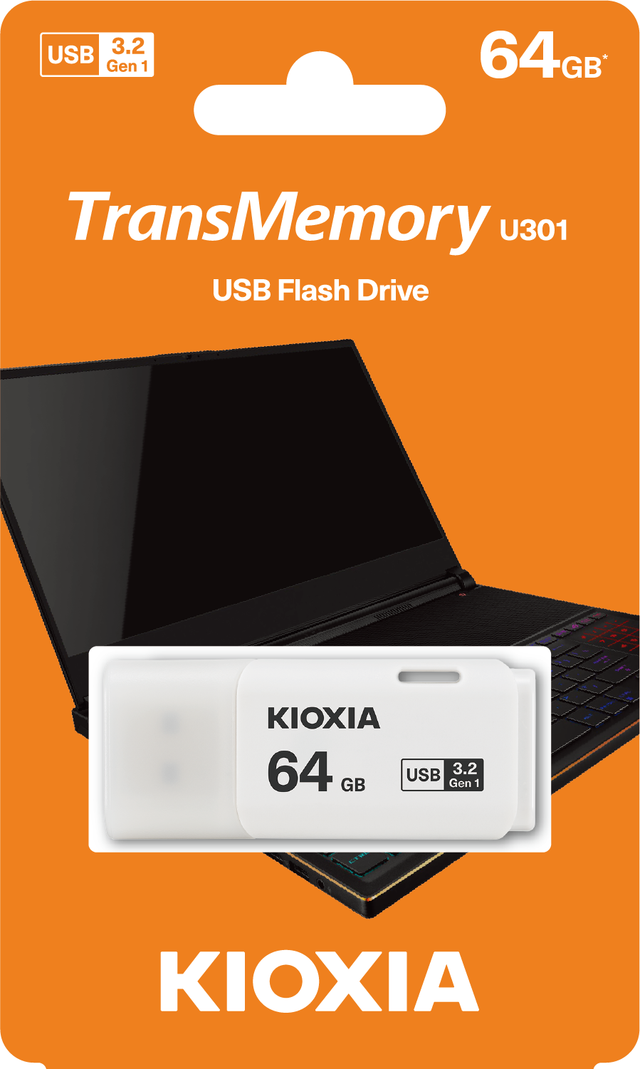 Ambalajında KIOXIA 64GB USB flash sürücü. Metin içeren turuncu ve siyah ambalaj.