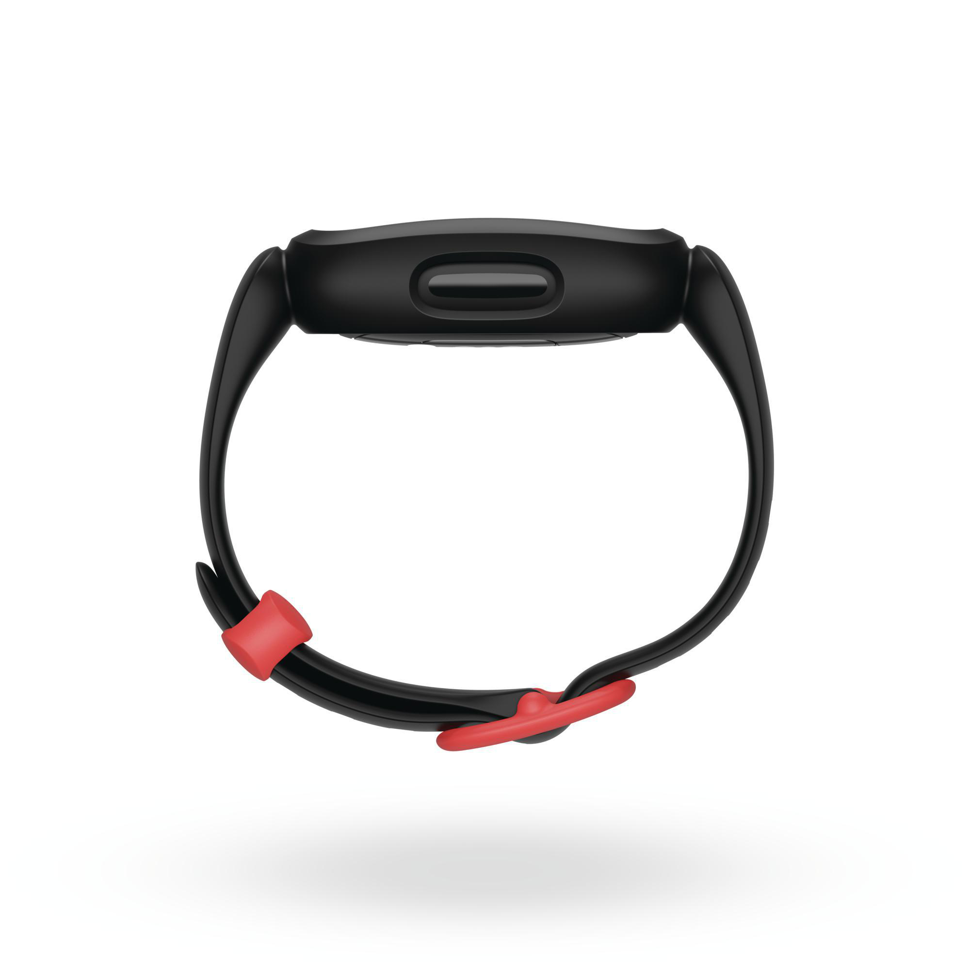 Schwarzer Fitnesstracker. Das Armband ist schwarz mit rotem Verschluss, die Uhr schwarz mit Bildschirm.