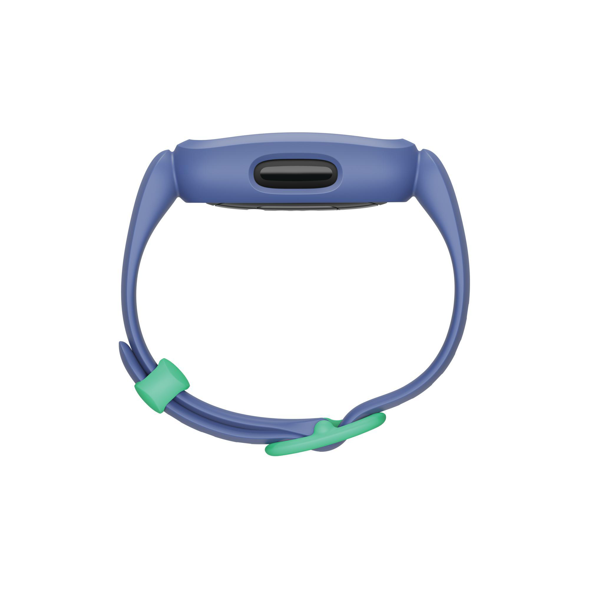 Eine lila Fitness-Tracker-Uhr mit grünem Verschluss.
