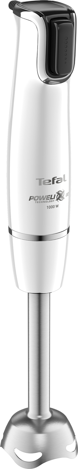 White hand blender with a stainless steel blending head.