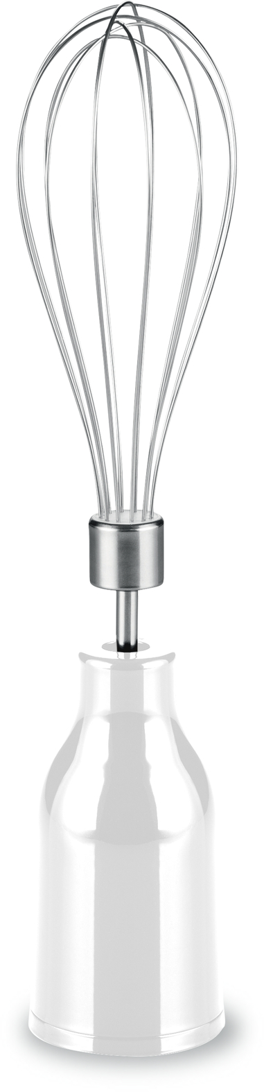 A white whisk attachment for a handheld blender, isolated.
