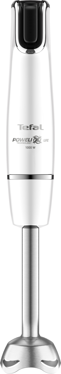 A white Tefal PowerMix Life hand blender, with its various components visible.