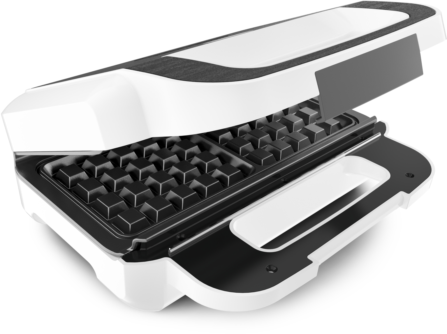 A white waffle maker, top open, showing the grid. Black and white detail.