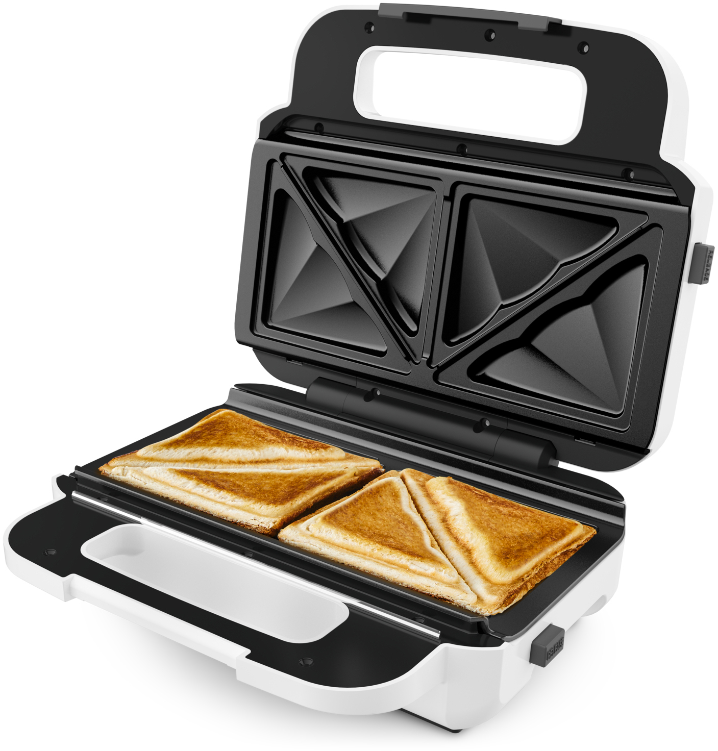White sandwich maker with two toasted sandwiches inside, white background.