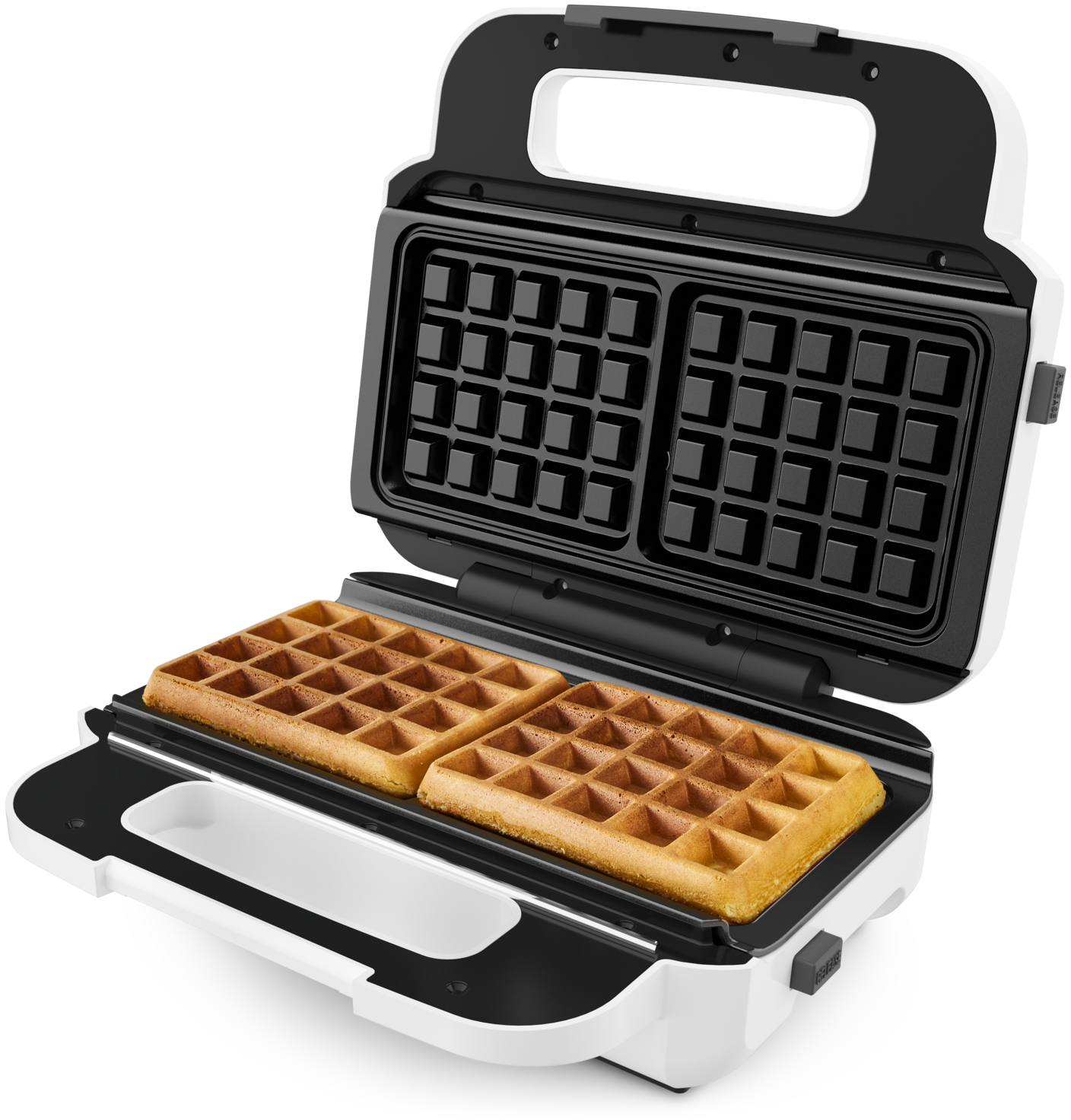 An open waffle maker with two golden-brown waffles inside, white and black exterior.