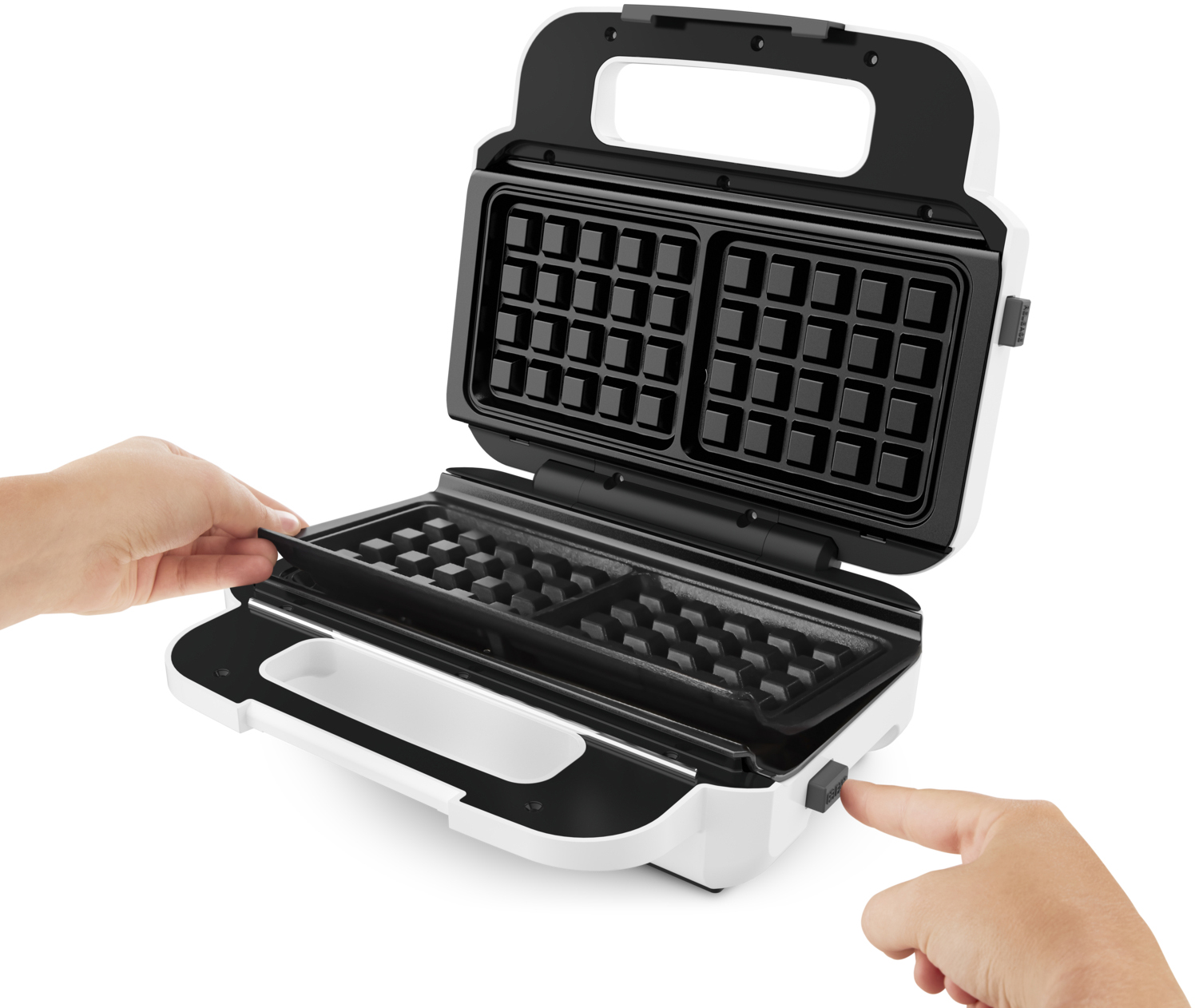 A white waffle maker is open, with hands adjusting a black plate.