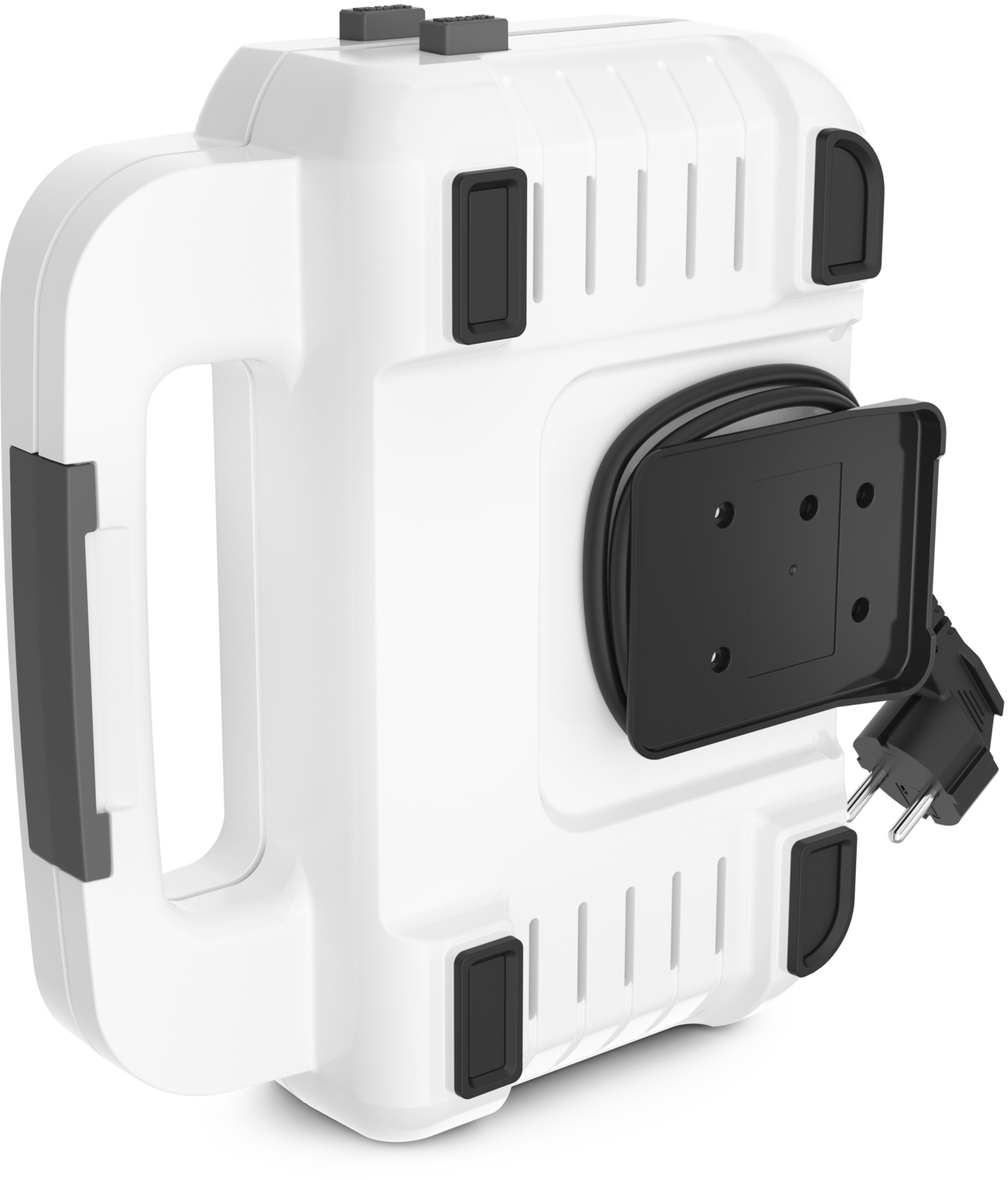 A white and black extension cord reel. Has a handle and several black outlets and a plug.