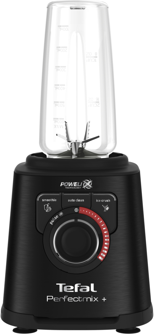 Zwarte Tefal Perfectmix+ blender met een doorzichtige mengbeker. Functies voor smoothie, automatisch reinigen en ijs crushen.
