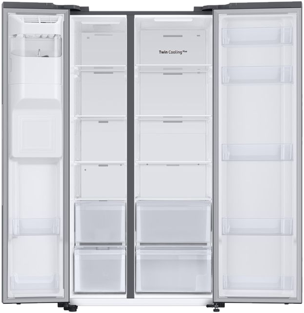 Offener Side-by-Side-Kühlschrank mit mehreren Regalen, Schubladen und einem Label 'Twin Cooling Plus'.