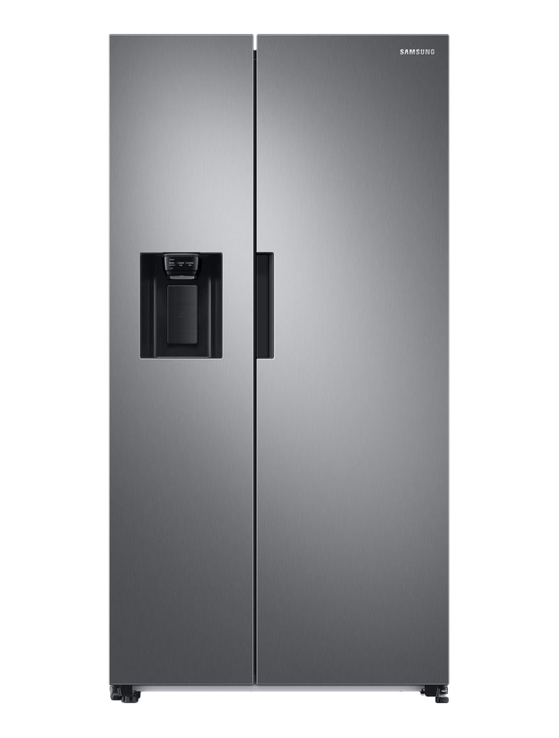 Edelstahl Samsung Kühlschrank mit zwei Türen. Er hat einen Wasserspender an der linken Tür.