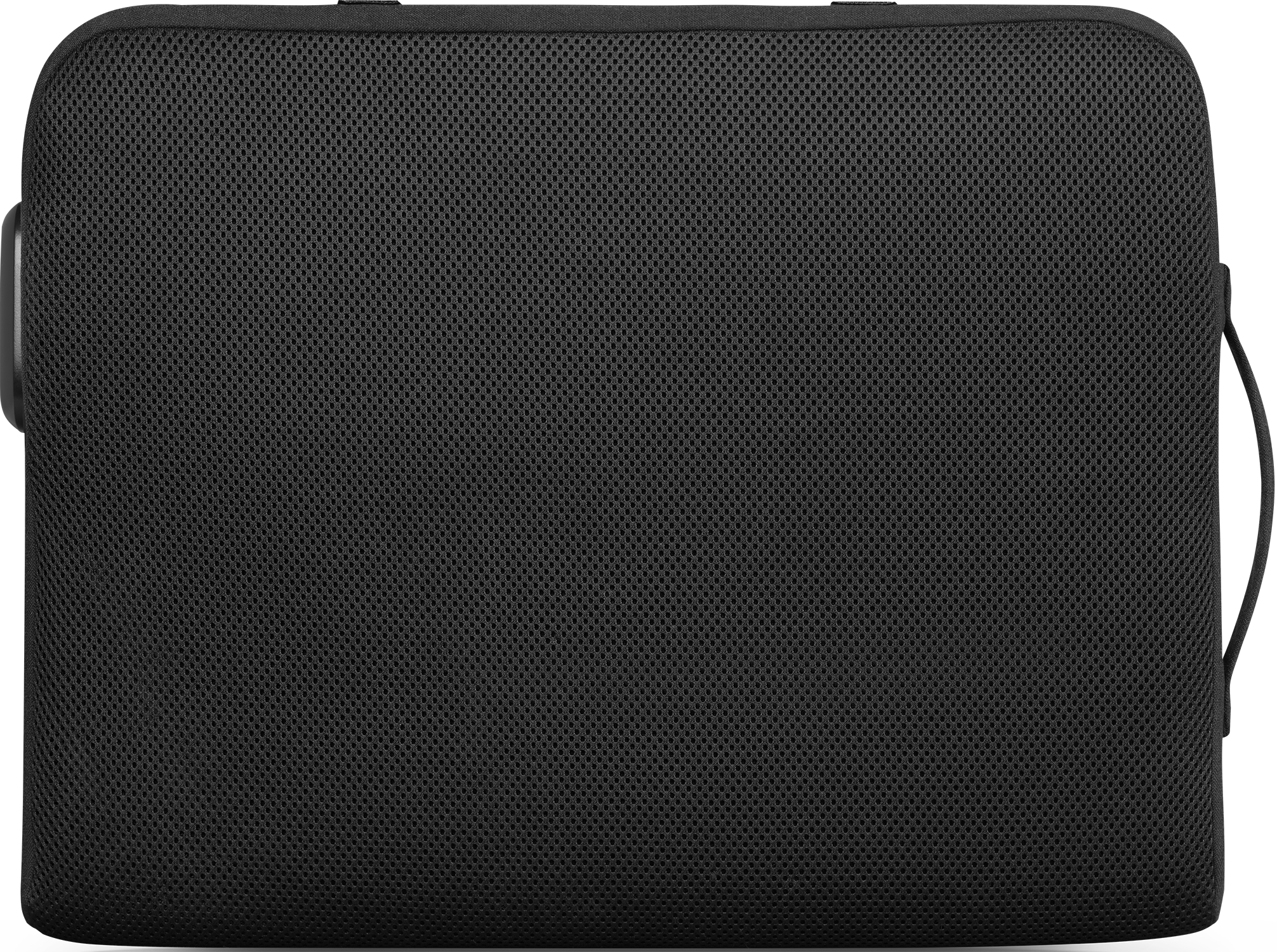 Een zwarte laptoptas met een mesh-achtige textuur.