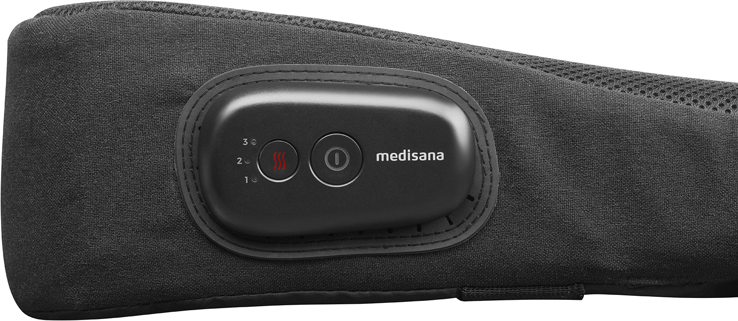 Close-up van een zwart medisana nekmassage-bedieningspaneel met knoppen en logo.