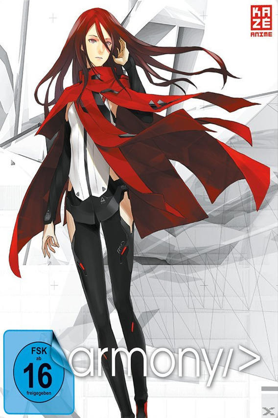 Anime-Figur mit roten Haaren und Umhang. Sie trägt eine schwarze Hose und ein weißes Hemd. Der Hintergrund hat geometrische Formen und Text.