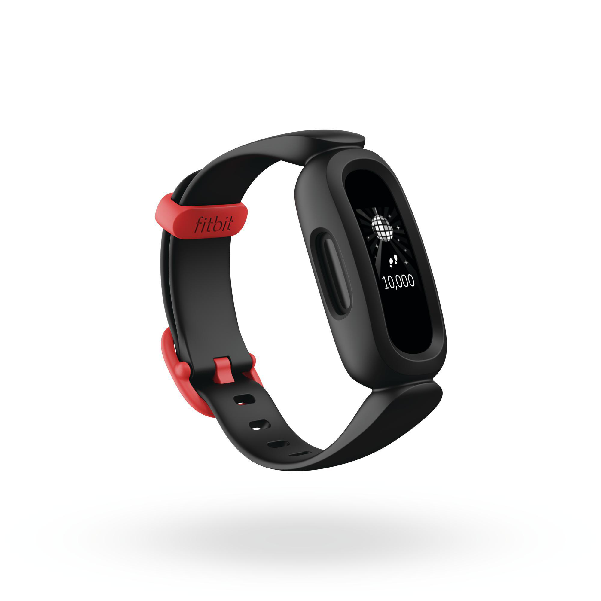 Schwarzer Fitbit-Fitness-Tracker mit rotem Verschluss. Das Display zeigt eine Spinne und die Zahl 10.000.