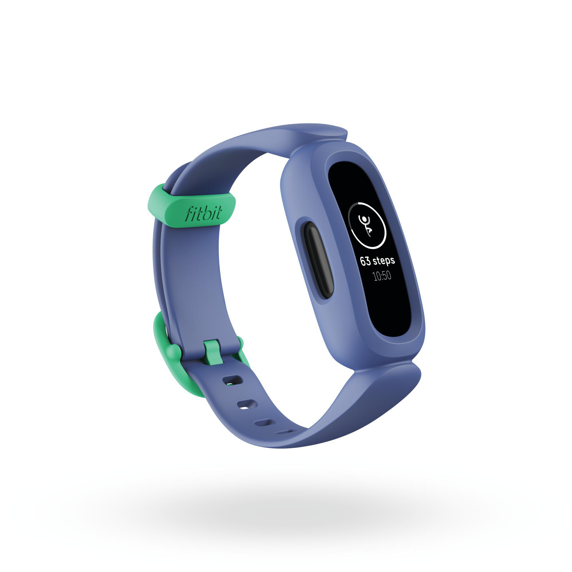 Ein blau-grüner Fitbit-Fitness-Tracker auf weißem Hintergrund, der die Zeit und Schritte anzeigt.
