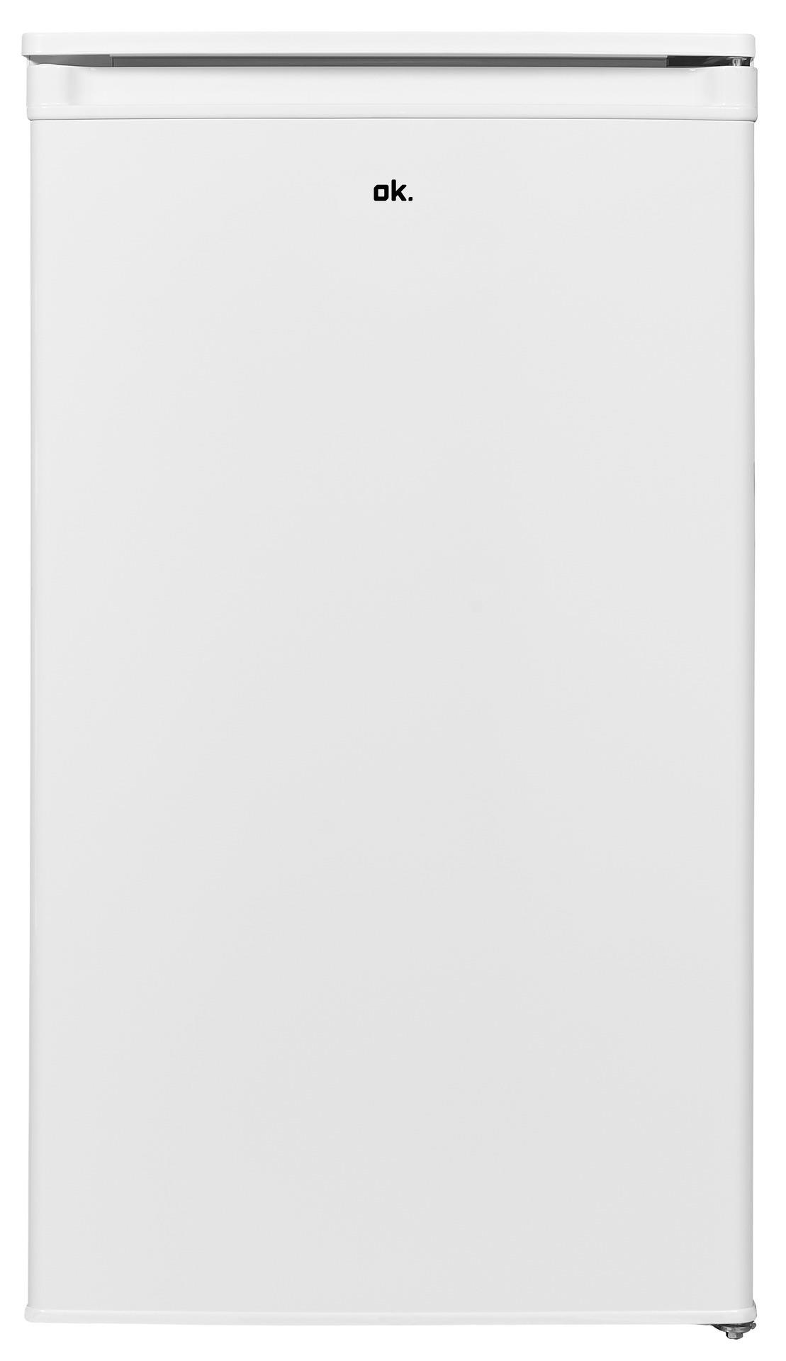 Weißer ok. Kühlschrank. Er hat ein schlichtes Design mit weißer Tür und kleinem Logo oben.
