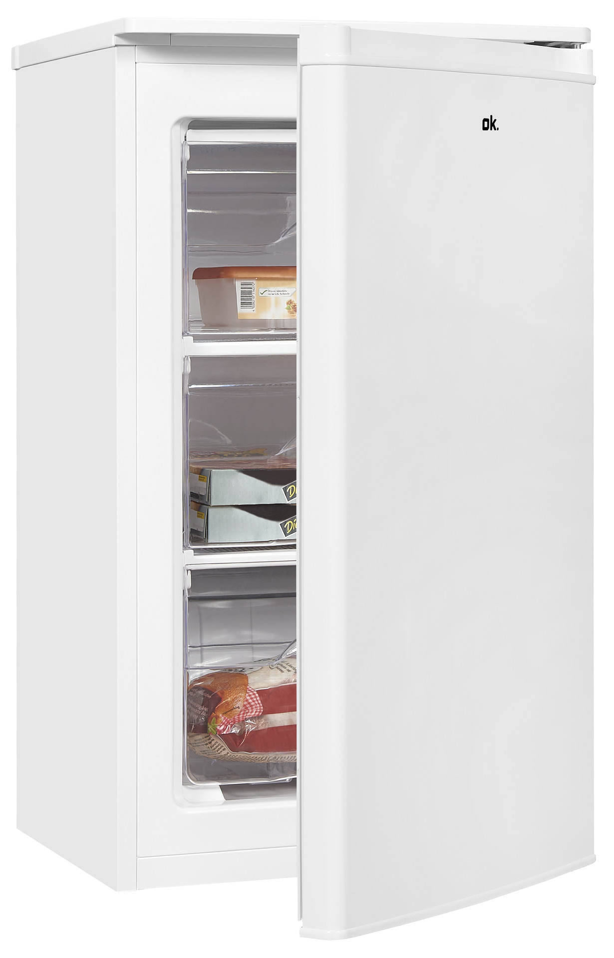 Ein weißer Gefrierschrank mit geöffneter Tür, die Schubladen zeigt.