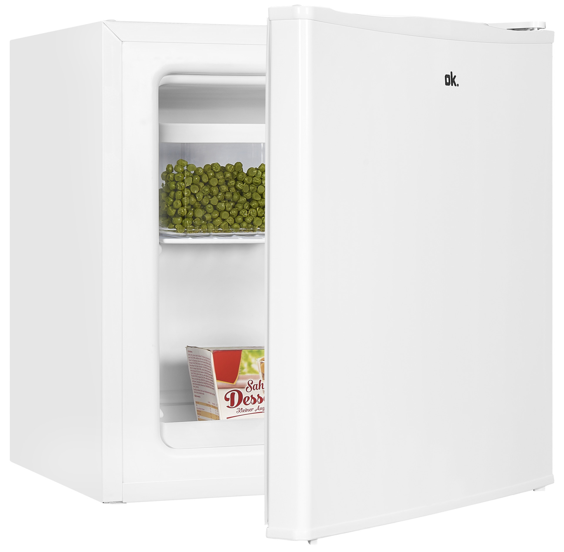 Weißer Mini-Kühlschrank offen. Enthält Erbsen im Glas und eine Dessertbox. Tür nach rechts offen.
