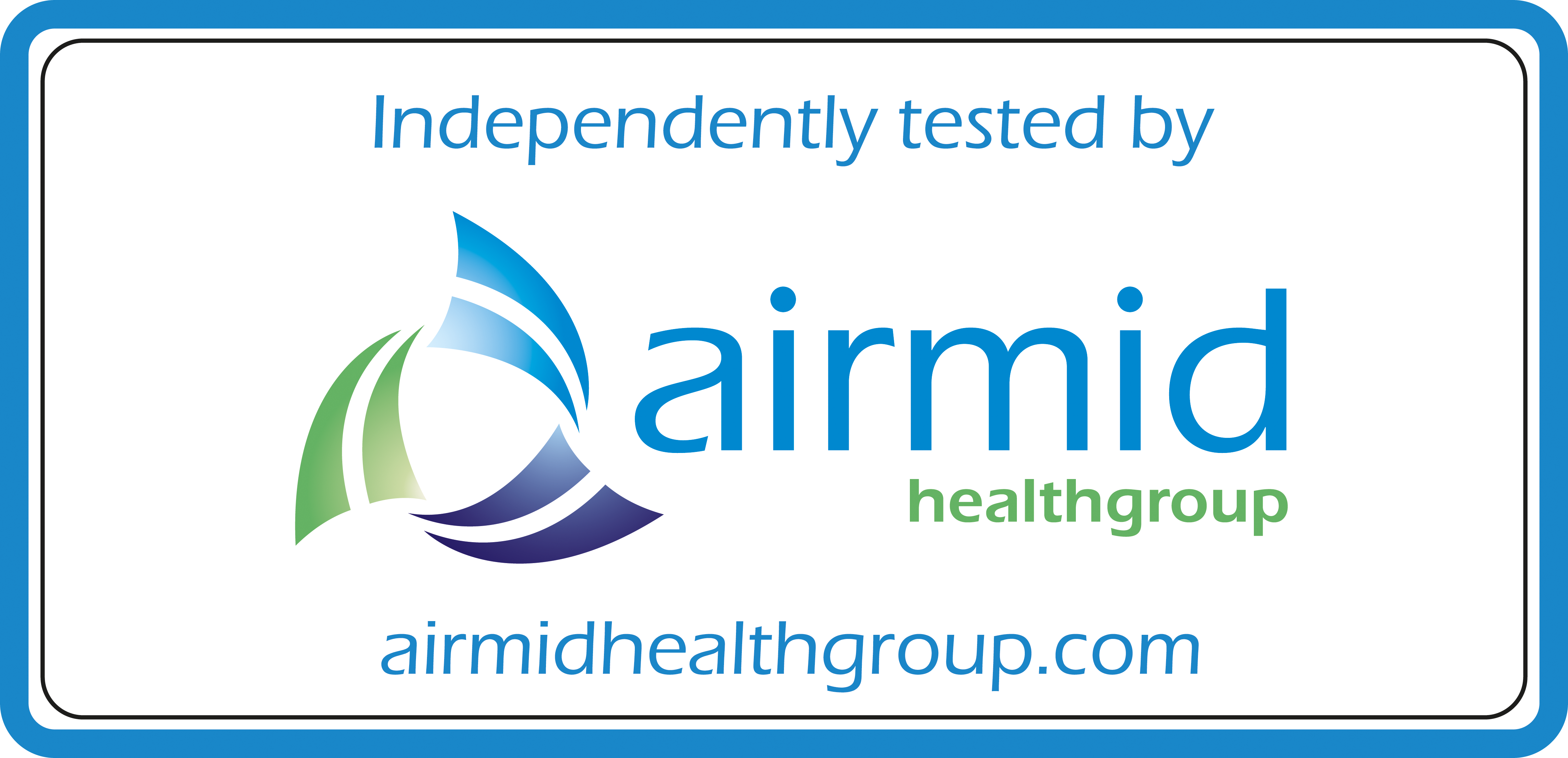 Airmid Healthgroup Logo in blauem Rahmen.