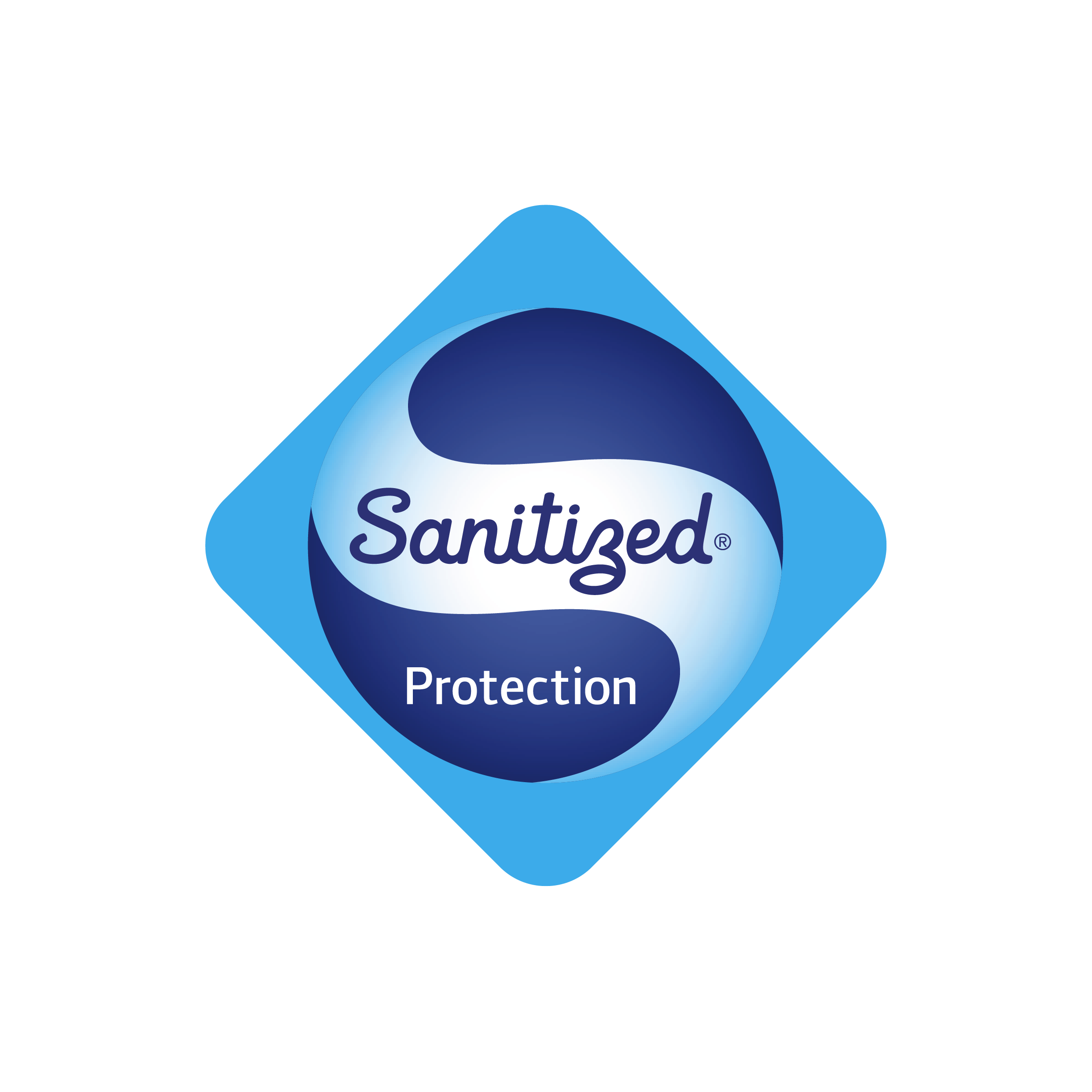 Sanitized Protection Logo, blaues Diamantform mit weißem und blauem Text.