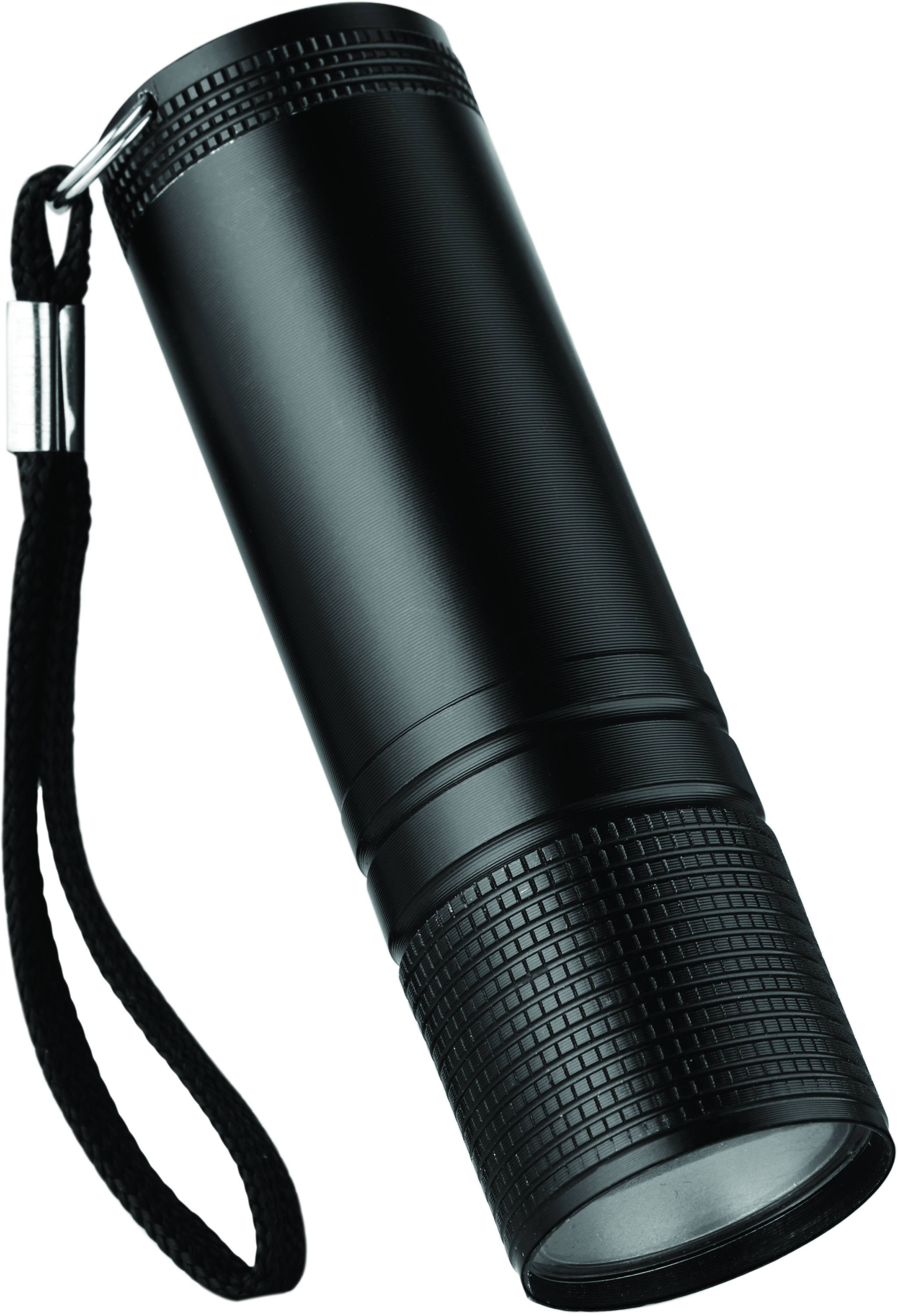 Une lampe de poche noire avec une sangle noire, inclinée, montrant la poignée texturée et la lentille.