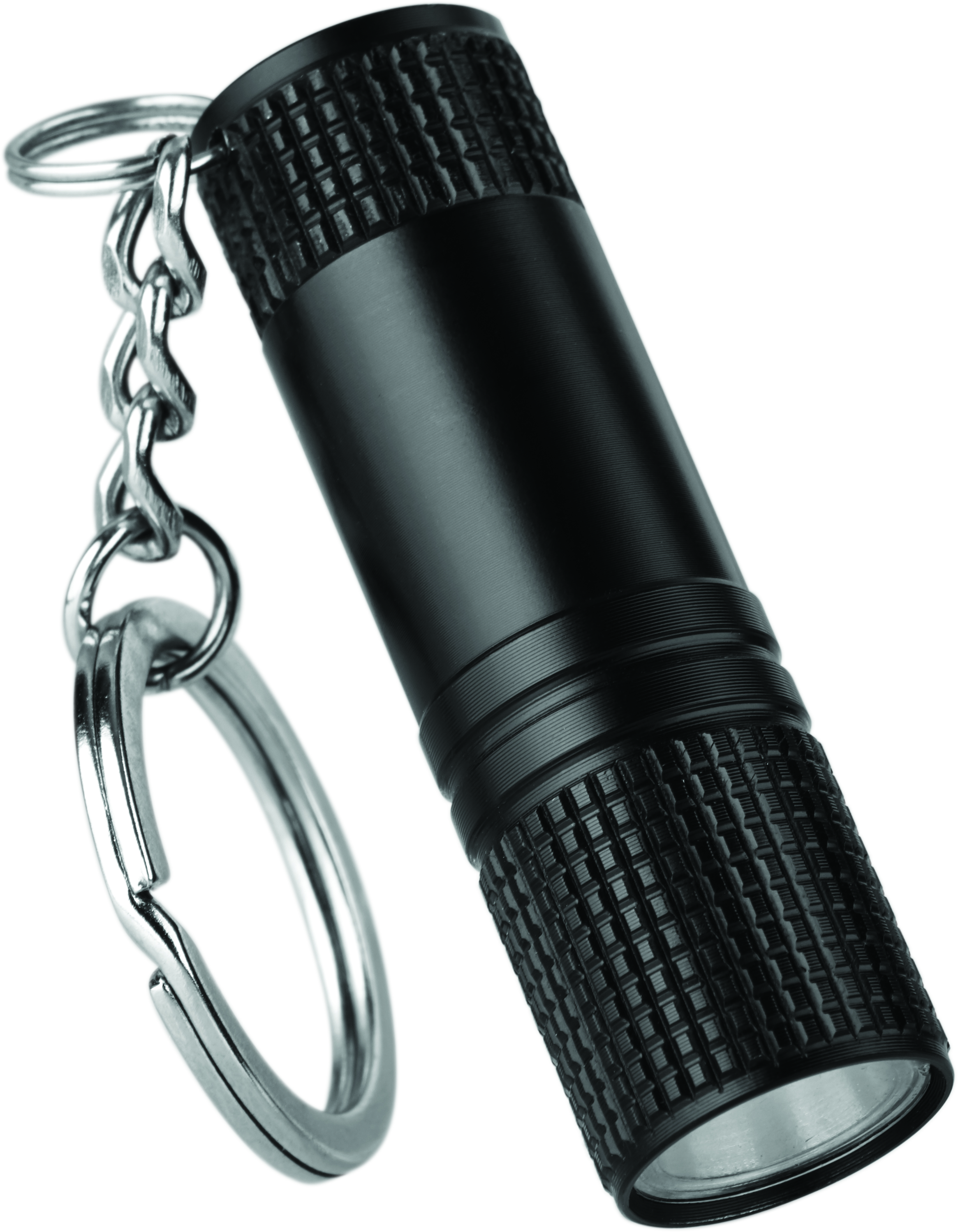 Lampe de poche noire avec porte-clés, chaîne en métal. Forme cylindrique, prise texturée.