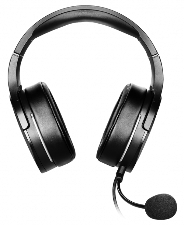 Schwarzes Gaming-Headset mit Mikrofon. Das Headset hat große Ohrmuscheln und ein gepolstertes Kopfband. Das Mikrofon ist befestigt.