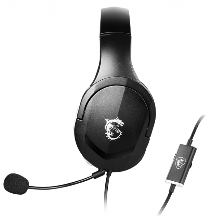 Schwarzes Gaming-Headset mit Mikrofon und Drachenlogo. Ein Kabel mit Steuerbox ist ebenfalls sichtbar.