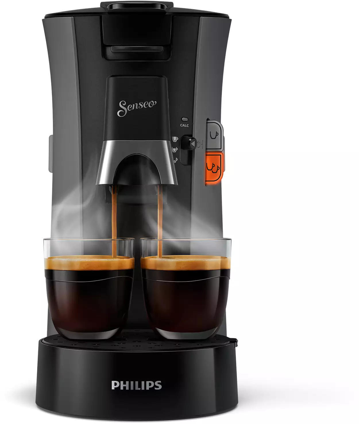 Zwarte koffiezetapparaat met twee glazen die koffie schenken. Stoom is zichtbaar.