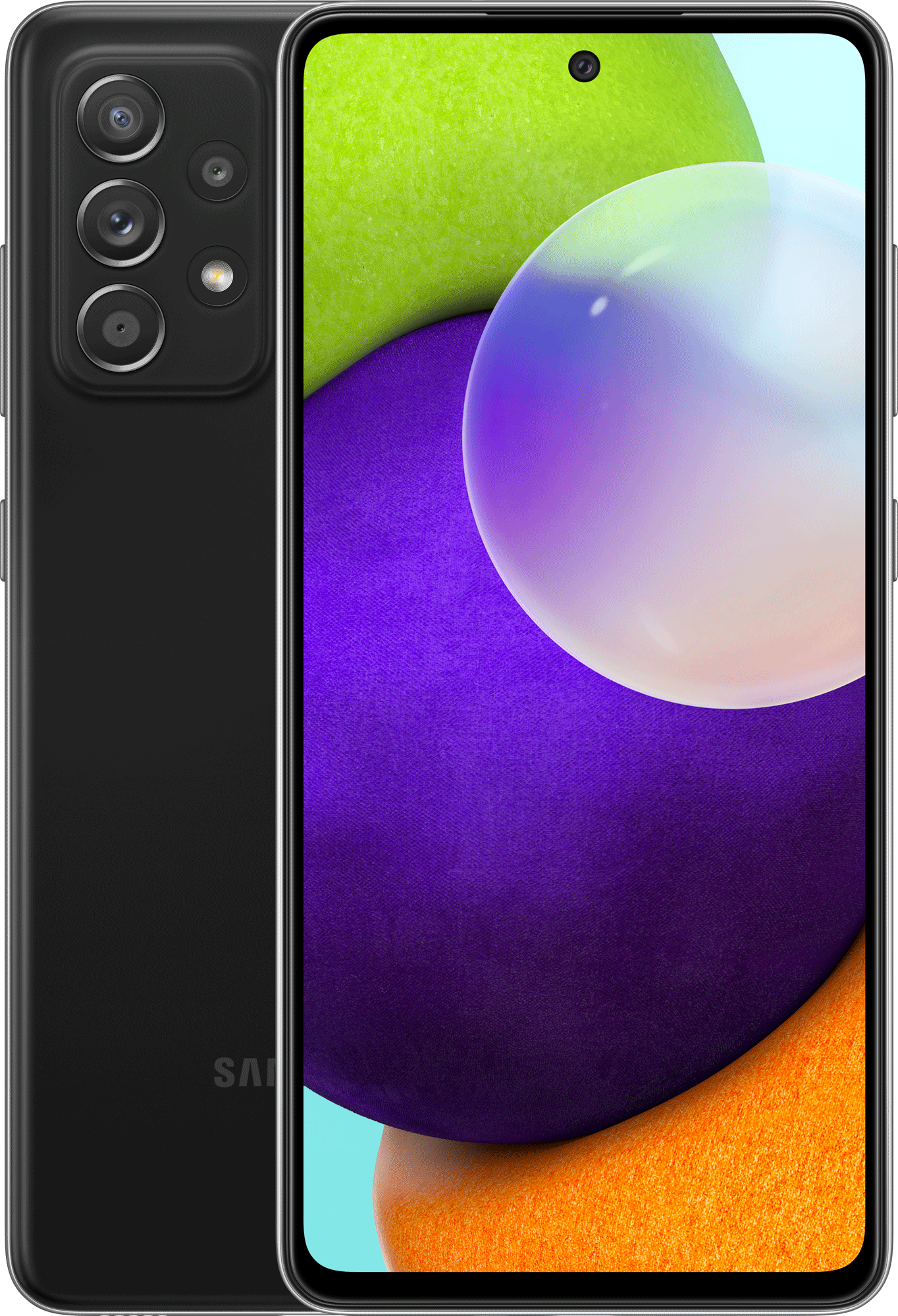 Een zwarte Samsung telefoon met drie camera's aan de achterkant en een groot scherm.