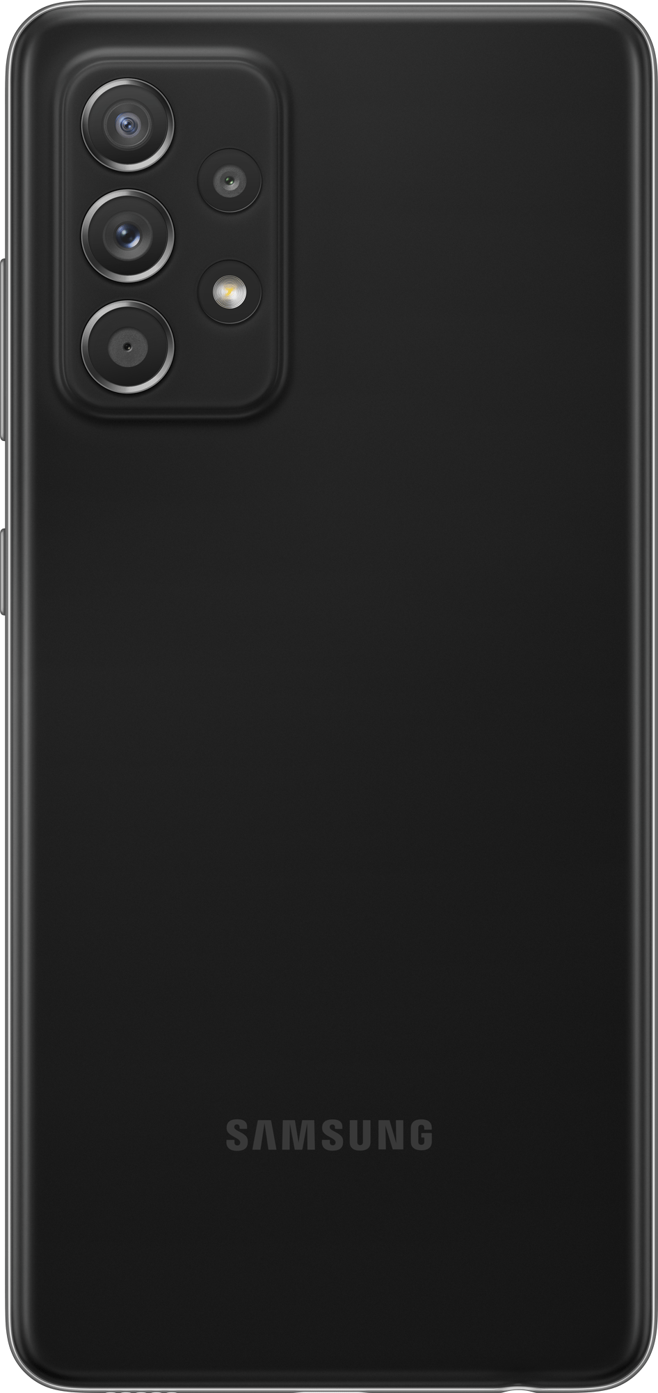 Zwarte achterkant van een Samsung telefoon. Bevat camera's en Samsung logo.