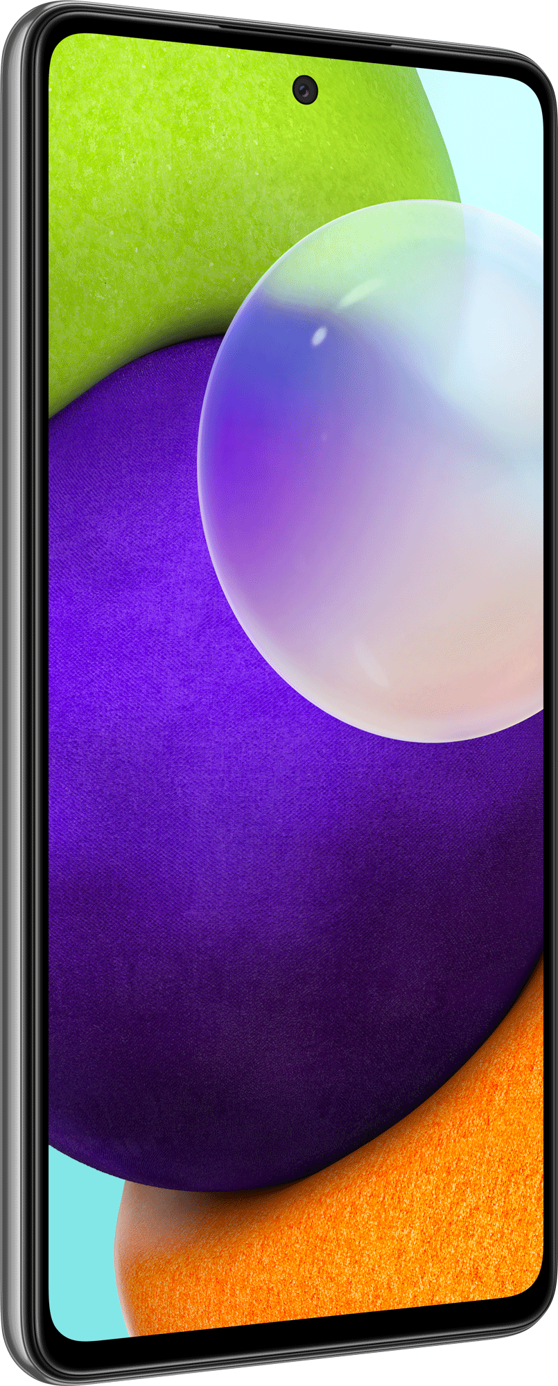 Een close-up van een telefoon. De telefoon is wit met groene, paarse en oranje kleuren.