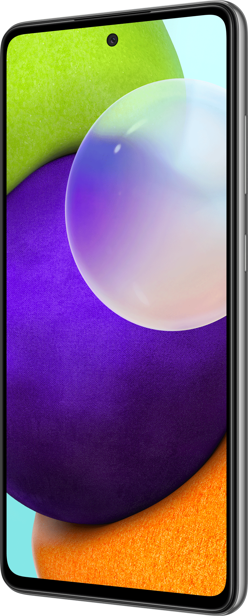 Zilveren smartphone met een paarse en oranje achtergrond, lichtblauwe bovenkant.