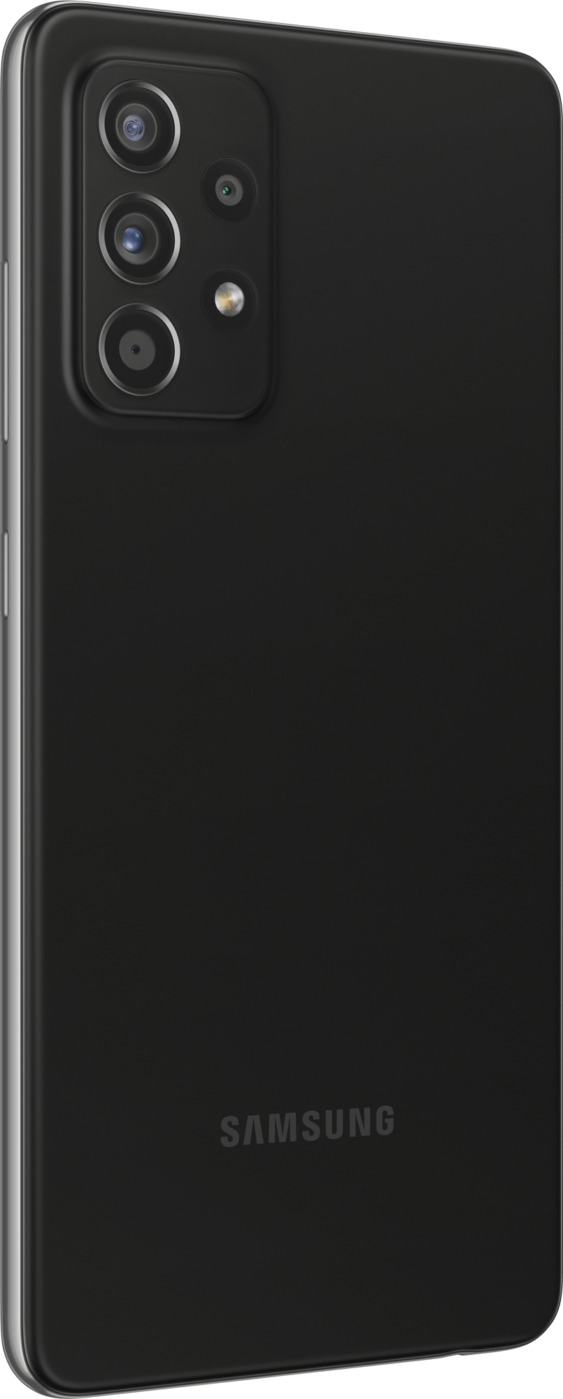 Een zwarte smartphone met drie camera's.