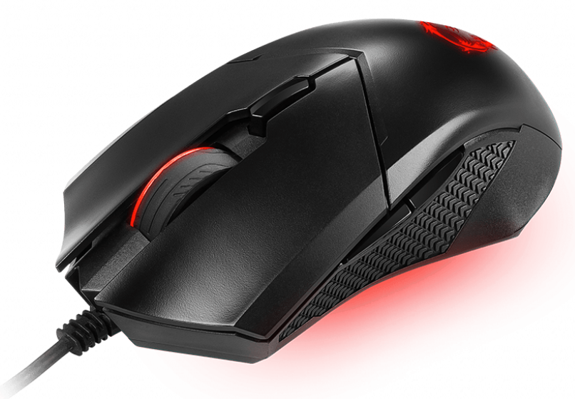 Schwarze Gaming-Maus mit rotem Scrollrad und roten Akzenten. Die Maus befindet sich auf einer roten Oberfläche.