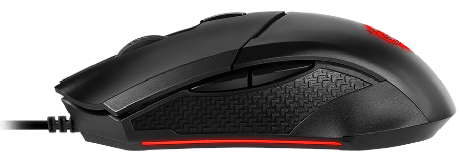 Eine schwarze Gaming-Maus mit roten Akzenten, die einen strukturierten Griff zeigt.